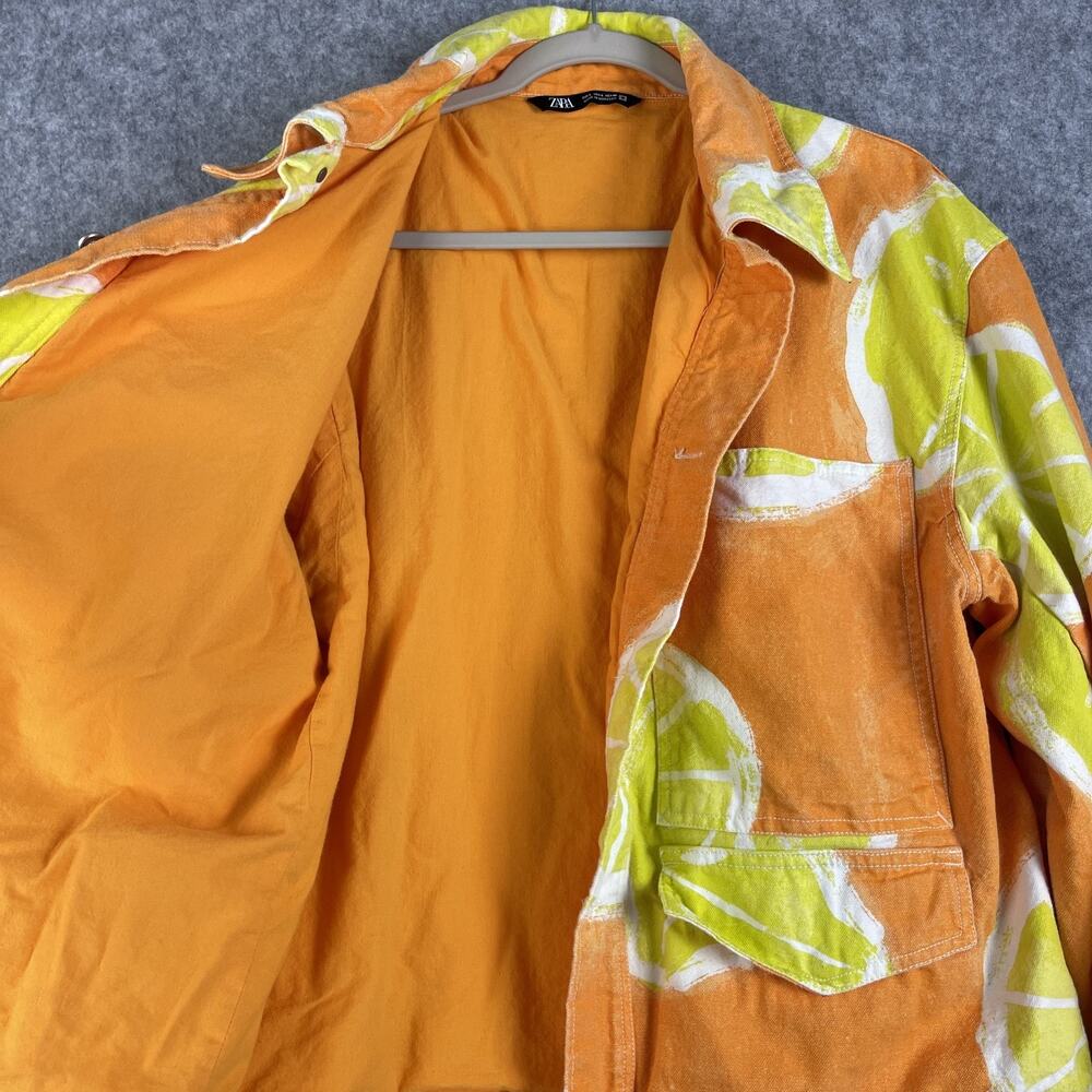 Zara Denim Jacket Mens Large Orange Lemon Print Vibrant Festival Grunge Artsy - Picture 4 of 14